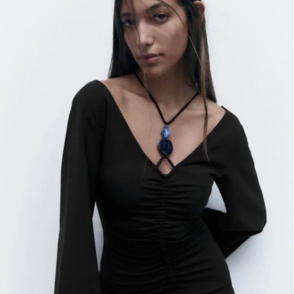 Zara Gothic Black Stone Accent Bell Sleeve Flare Mini Dress Size Small - Picture 2 of 10